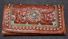 American West Handcrafted Hand-Tooled Leather Lady Lace Tri-Fold Wallet
