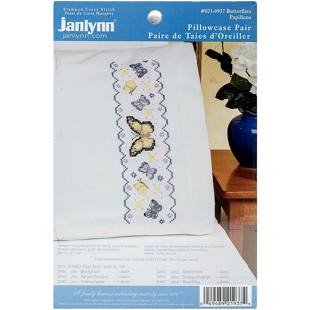 JANLYNN Premium Pillow Cases 2pk for Stamped Cross Stitch BUTTERFLIES 0937
