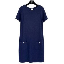 Chanel 09A Navy Cashmere Four Leaf Clover CC Button Knit Sweater Dress EU 50