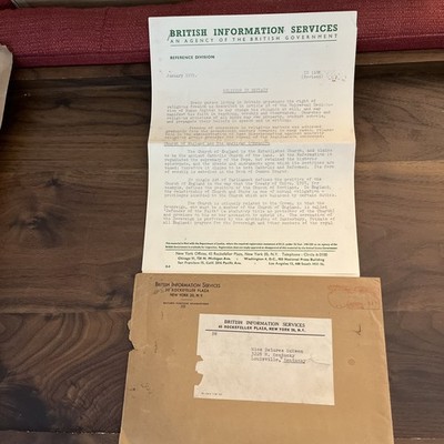 VTG LETTER ON RELIGION IN BRITAIN/  BRITISH INFO SERVICES BRITISH GOV AGENCY1959