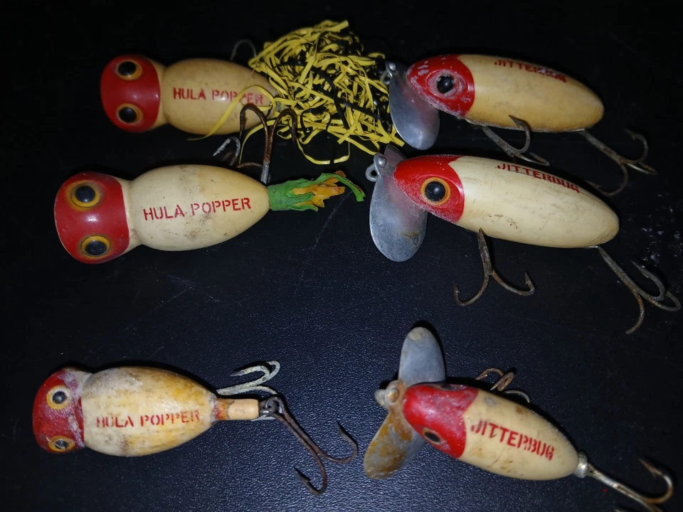 LOTE DE 6 ARBOGAST 5/8 OZ JITTERBUG + HULA POPPER TOPWATER SEÑUELO DE PESCA CABEZA ROJA Foto 3 de 4