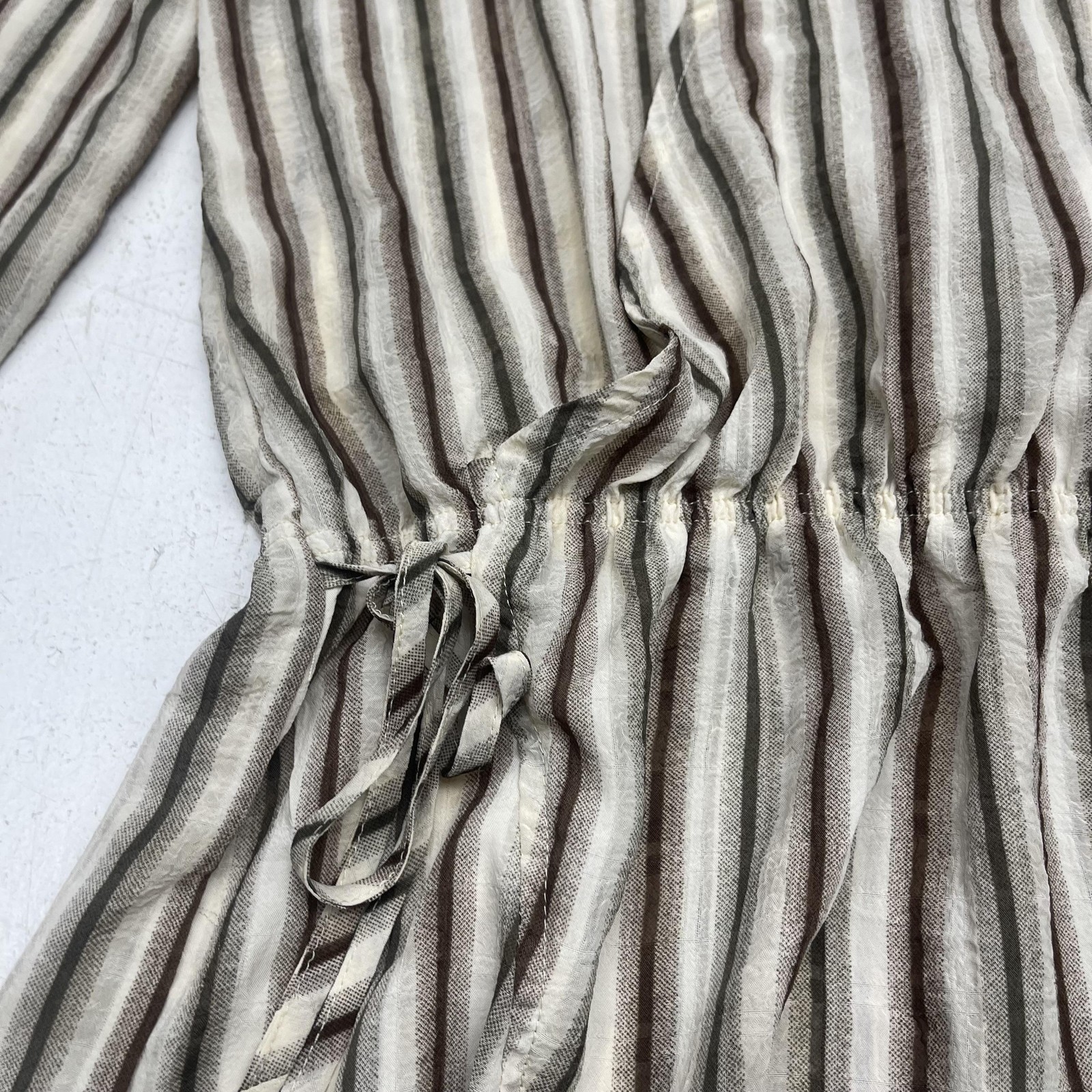 MUSERA Wrap Tunic Shirt Womens Large Brown Cream Stripe Tie Waist Collared Top