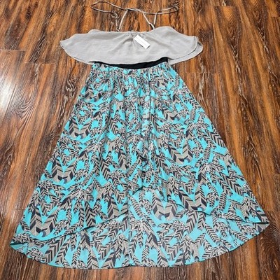 NWT Under Skies Gray & Blue Feather Patterned Maxi Dress Hi Low Size L Women's