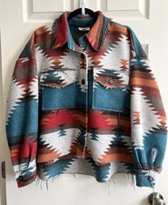 LA MIEL Women s Aztec Southwestern Blanket Frayed Button Shacket Jacket Sz M