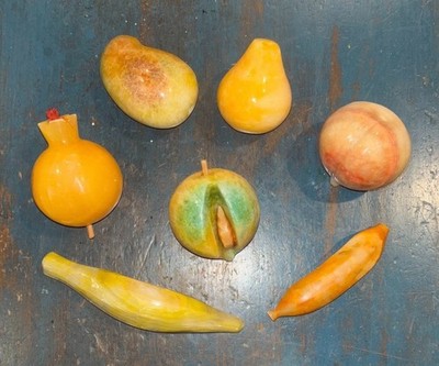 Old Antique Vintage Carved Stone Marble Fruit 7 Piece Peach Banana Plantain Pear