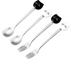 Cute Cat Coffee Spoon and Fork Set, 5.7 inch White Black Spoon Fork Set A 