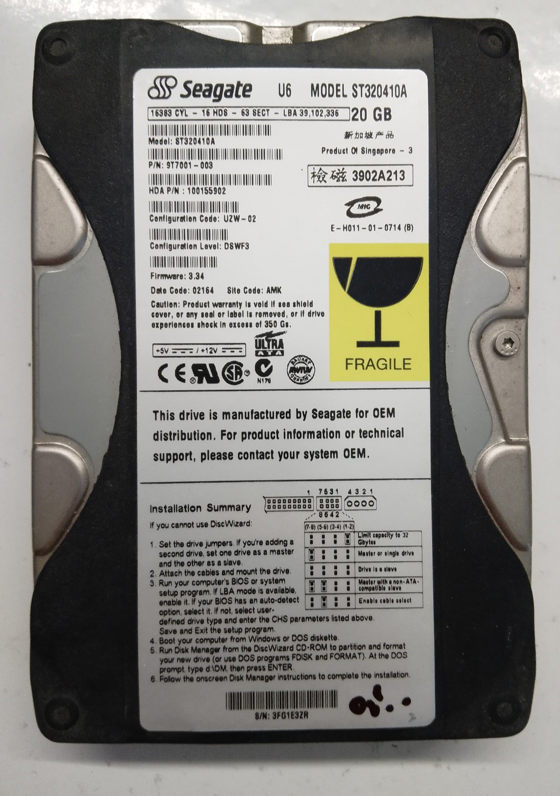 Seagate U6 20gb ST320410A 9T7001-003 3.34 100143433 Hard Disk 3,5 IDE PATA HDD