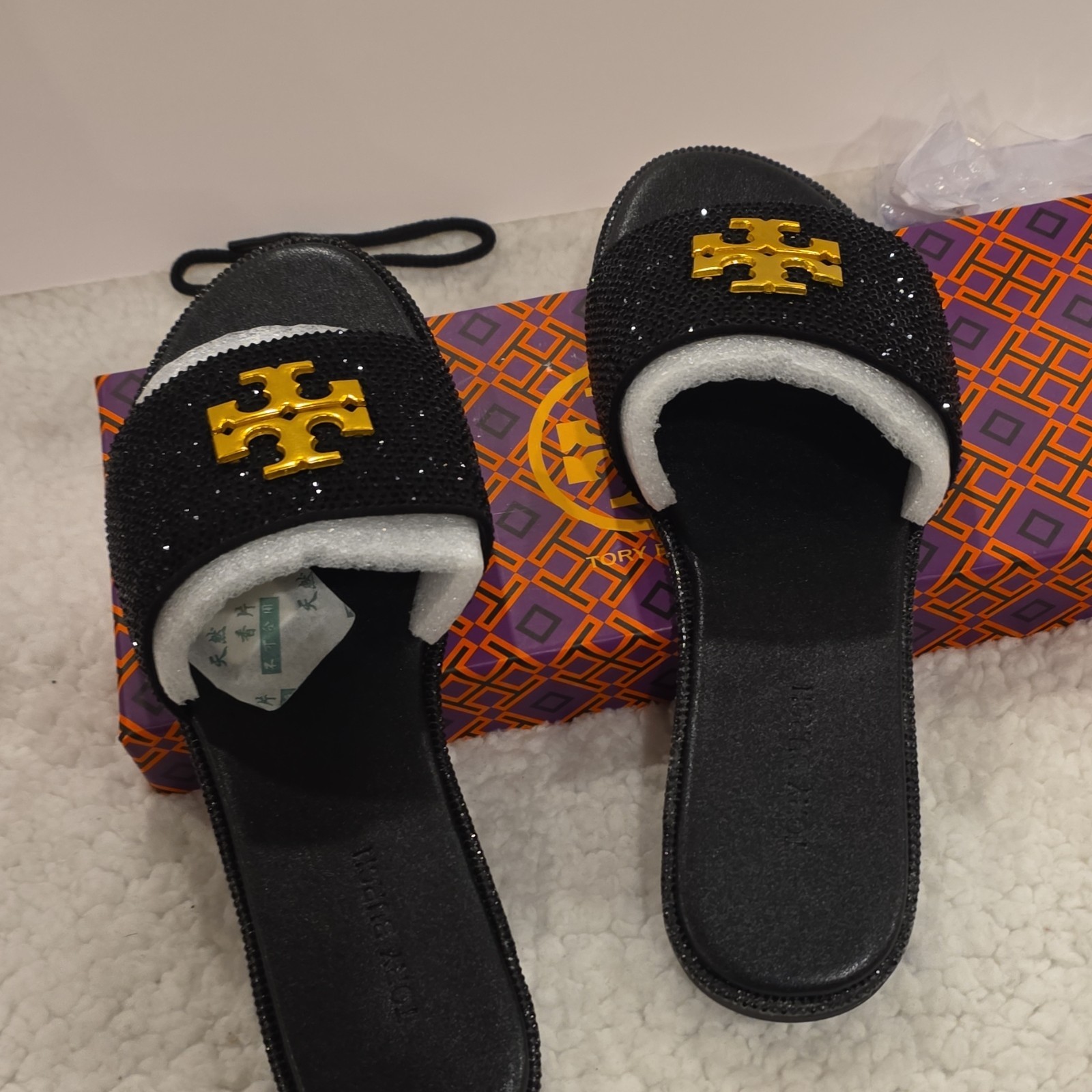Tory Burch Black Gold Rhinestone Logo Slide Sandals Women's Slip On Casual thumbnail 5