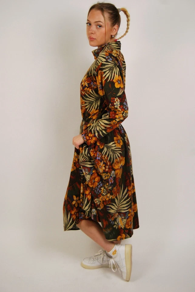 Vestido Floral Años 80 (L) Grande Marrón Vintage Tropical Naranja Cuello Simulado Secretaria Geek Foto 2 de 4