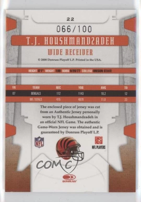 2008 Leaf Limited Threads /100 TJ Houshmandzadeh #22 - Image 2 of 2