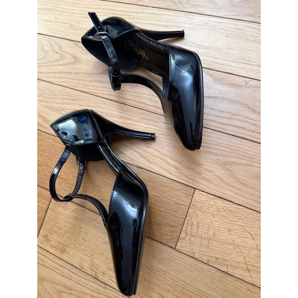 Tacones de aguja Pleaser para mujer charol negro correa en T punta de 4 pulgadas Foto 2 de 4