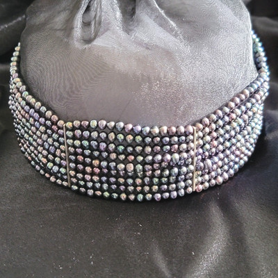 Ross-Simons 9-reihiger Pfau schwarze Perle Halsreif Halskette Sterling 925 14-17,5 Zoll