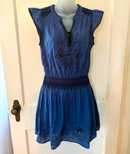 Free People Blue Embroidered Smocked Waist V-Neck Sleeveless Mini Dress M/M