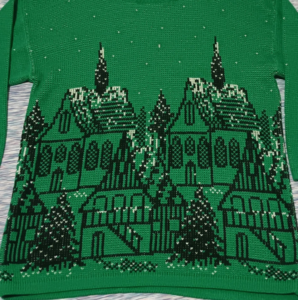Suéter verde vintage década de 1980 malhas vila inverno neve feio Natal danificado - Imagem 2 de 4