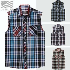 Mens Plaid Shirts SLEEVELESS Tee Casual Vest Button Down Flannel Pockets Biker