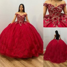 Red Quinceanera Dresses Beading 3D Flowers Off Shoulder Party Sweet 16 Ball Gown