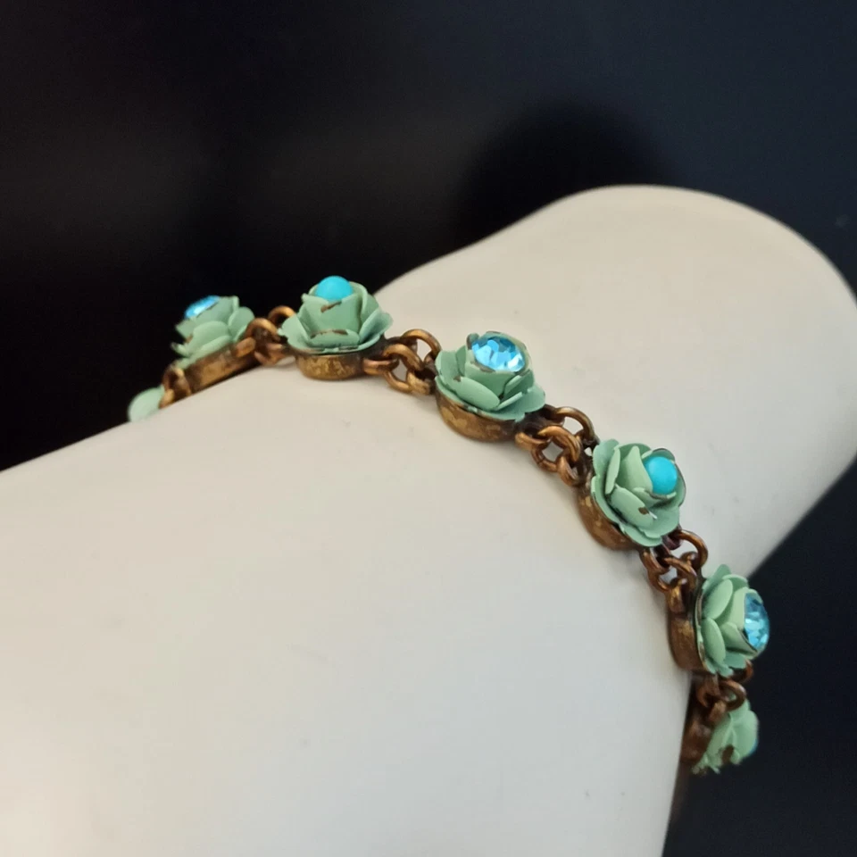 Michal Negrin Bracelet Pastel Turquoise Roses Shabby Enamel Crystals Victorian - Image 4 of 4