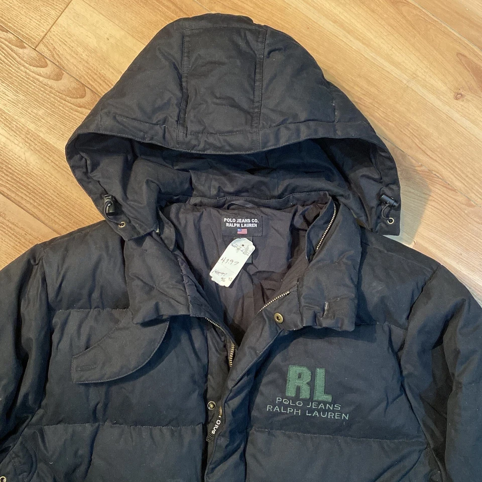 Chaqueta acolchada con capucha Polo Ralph Lauren Jeans vintage de los 90 para hombre XL negra con cremallera Foto 2 de 4