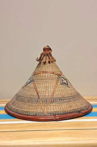 Authentic African Tribal Hat Leather & Straw Fulani Hat Mali West Africa Vintage - Picture 5 of 14
