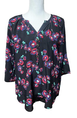 Yumi Kim Womens 100% Silk Carnation Print Blouse Black Red Floral Sz L