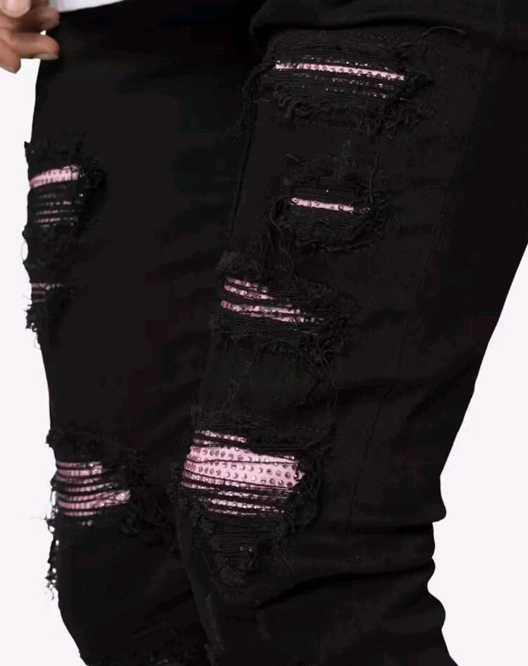 Mnml X555 Pink Crystal Skinny Black Denim Stretch Jeans Mens