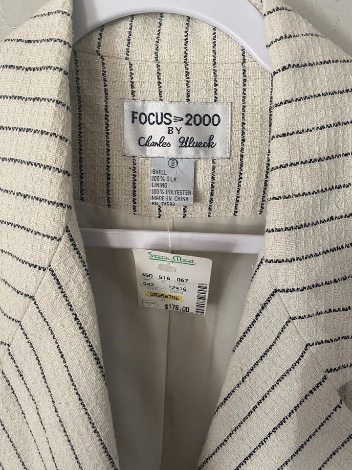 Conjunto de Traje Falda Blazer Vintage Focus 2000 Charles Glueck Beige 100% Seda Talla 8 Nuevo con Etiquetas Foto 2 de 4
