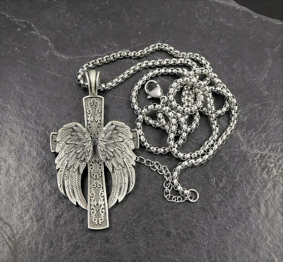 Antique Silver Tone Pewter Ornate Large Cross Angel Wings Pendant Men Necklace - Image 3 of 4