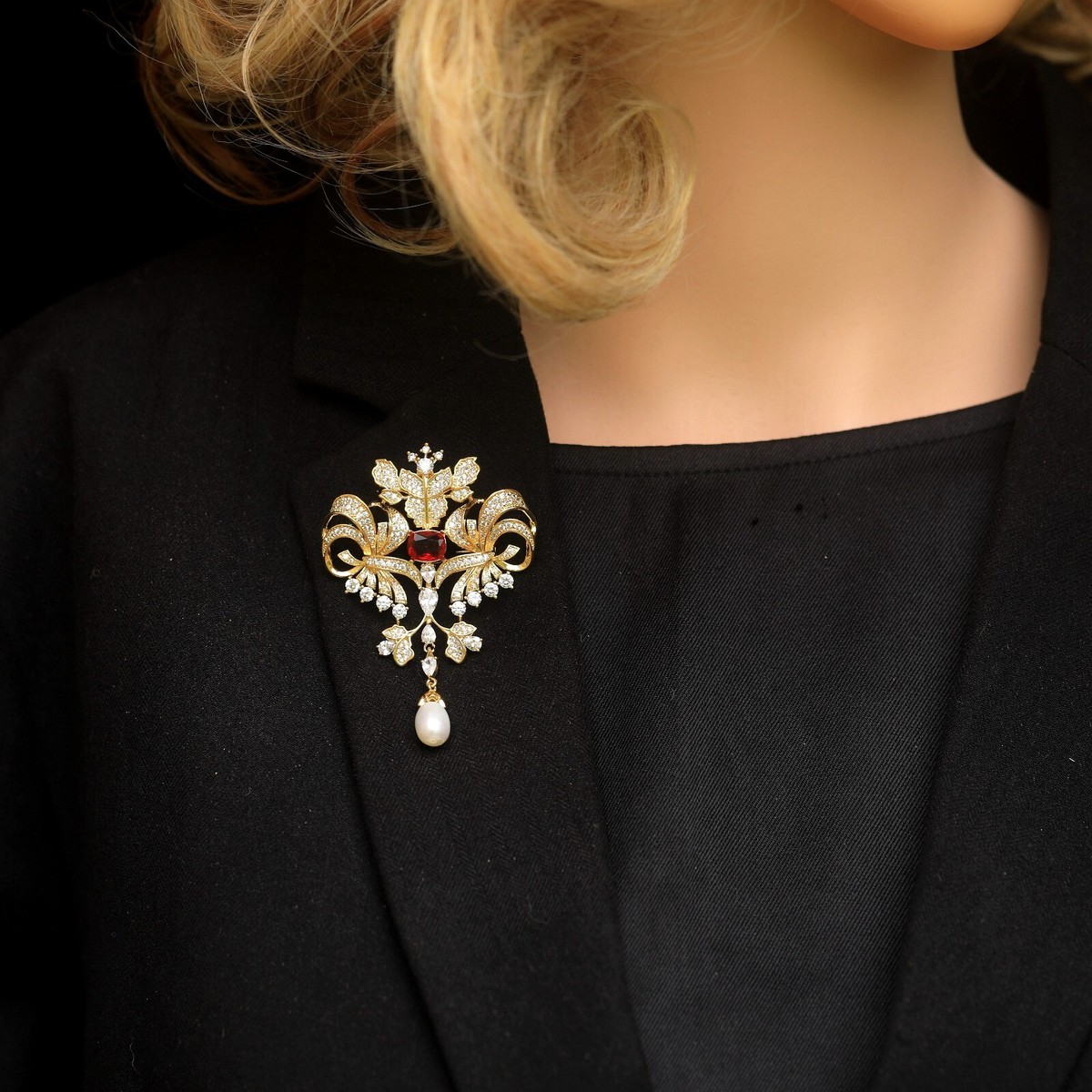 Broche & Pendentif Floral - CZ Rouge & Vraie Perle - Style Belle Époque - Neuf