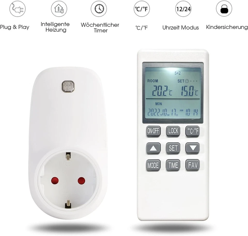 Steckdosen Thermostat für Heizungen Steckerthermostat Programmierbar Timer - Bild 2 von 4