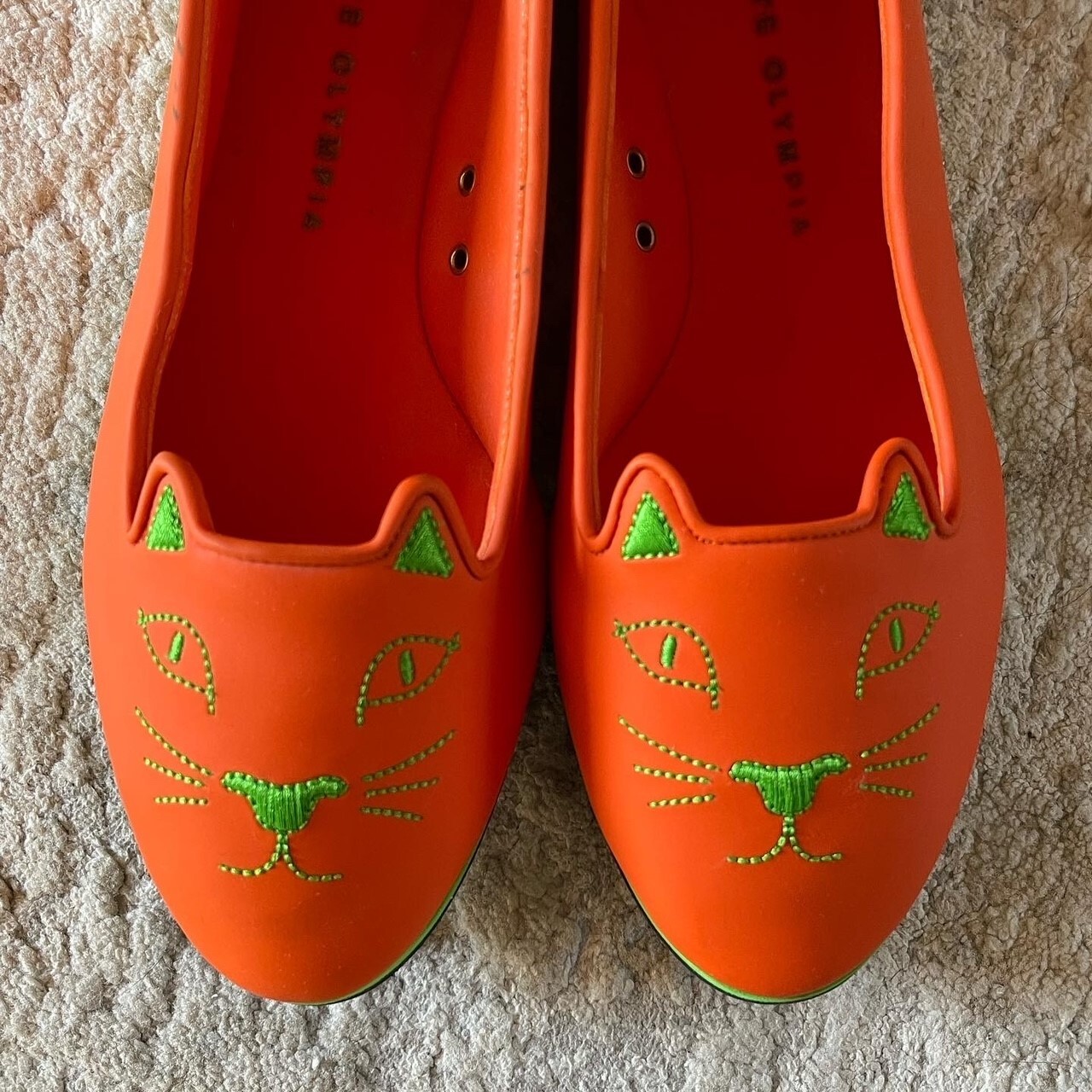Charlotte Olympia Orange Rubber Kitty Flats Size 39 EY New with