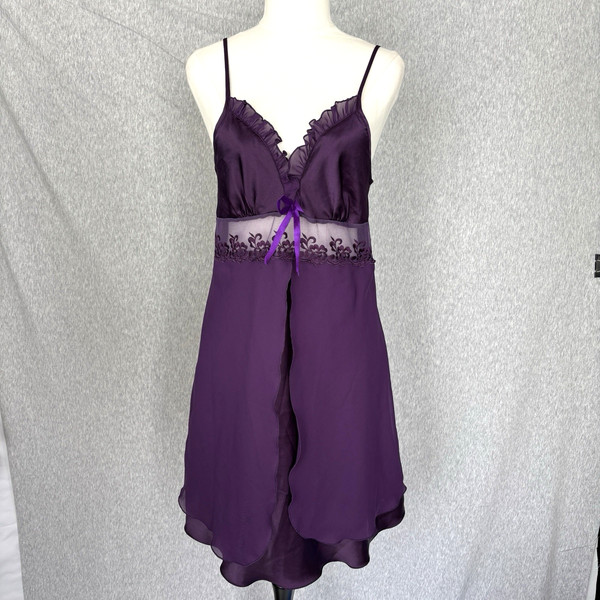 Womens S Babydoll Datin & Chiffon Slip Dress Purple Ruffles/Lace Coquette