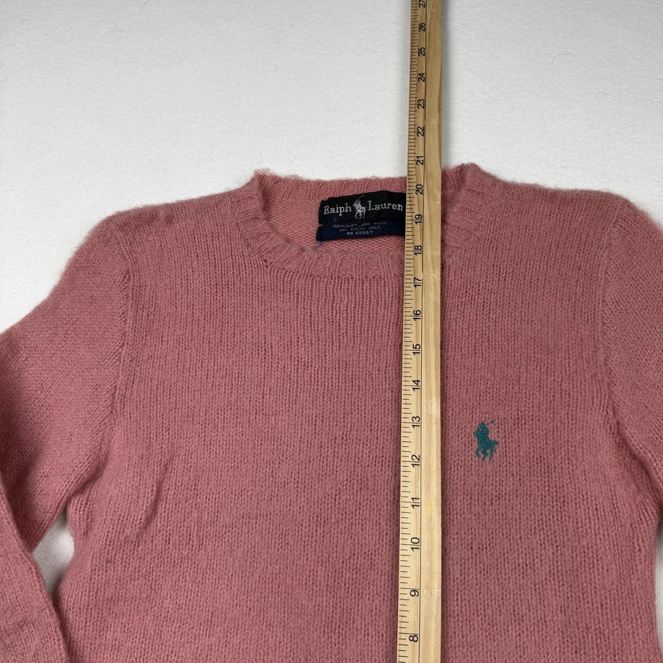 Ralph Lauren 毛衣女式中号粉色设得兰羊毛圆领小马标志 80 年代 — 第 3/4 张图片