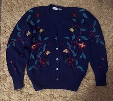 Vintage Embroidered Linda Allard Sweater Floral Pattern Royal Blue Button Front