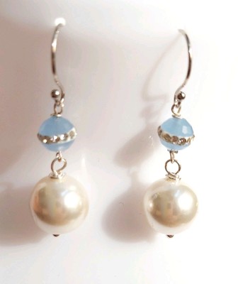 Ohrringe Ohrhänger 925 Silber mit weißer Perle 8 mm und Kristall mit Strass 
