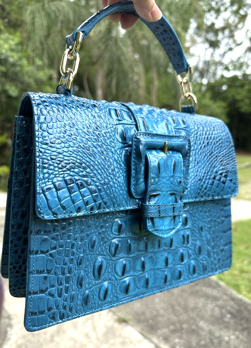 BRAHMIN SMALL HALLIE VIBRANT AZURE TEAL BLUE GLOSSY LEATHER