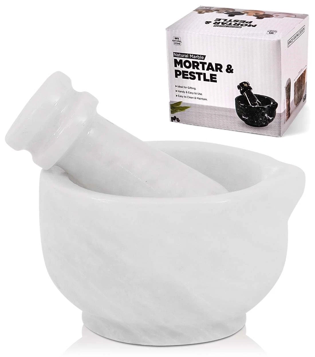Marble Mortar and Pestle Set Handmade 3 Inch White Stone Pill Crusher Fine Powde