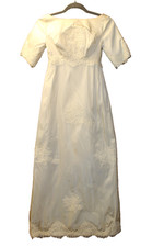 VINTAGE 1960  s SHORT SLEEVE SATIN WEDDING DRESS W/ REMOVABLE CHAPEL LENGTH TRAIN