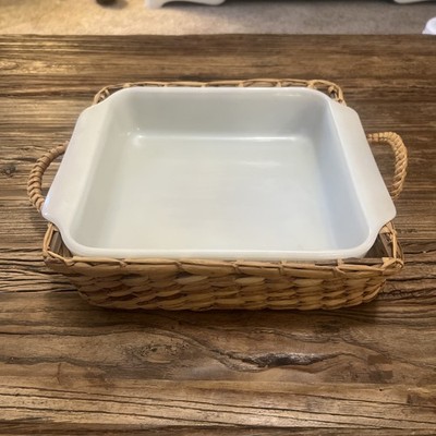 Vtg Anchor Hocking Cuisine 2-Piece Set - 8'' Square Baking Dish & Basket