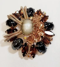 Vintage Alice Caviness Black Cabs Topaz Rhinestones Gold Chains Brooch
