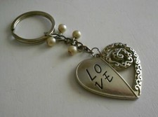 Love Heart Silver Tone Key Chain Faux Pearl Beads