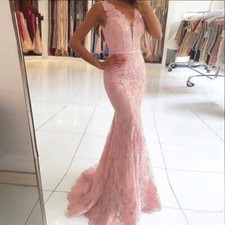 Pink V-Neck Mermaid Wedding Dresses Cap-Shoulder Lace Bridal Gowns Lace-up Back