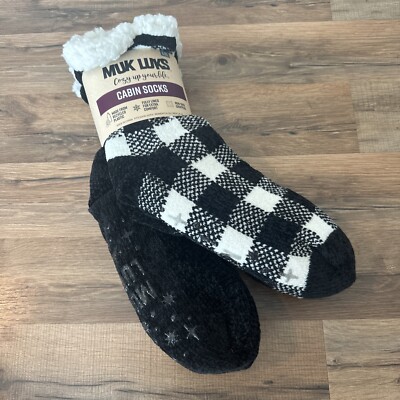 Muk Luks Lot Cabin Slippers Black Buffalo Check L/XL Sherpa