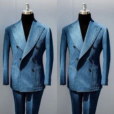 2 Pieces Men's Suits Denim Peak Lapel Party Wedding Casual Fashion Men Blazers