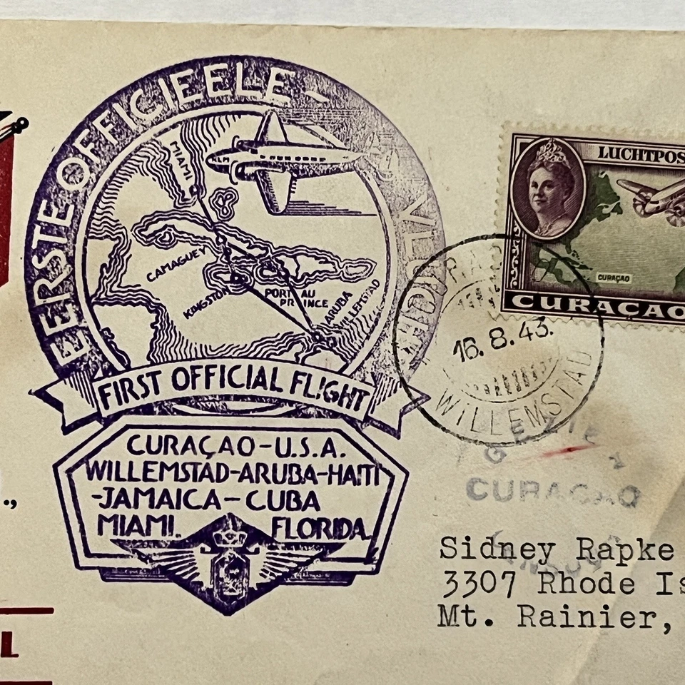 CURAZAO KLM 1943 PRIMER VUELO CUBIERTA REAL LÍNEAS AÉREAS HOLANDESAS CACHÉT Foto 3 de 4