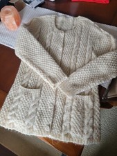 Vintage hand knit Fisherman cable knit cardigan sweater Cream pockets READ ALL