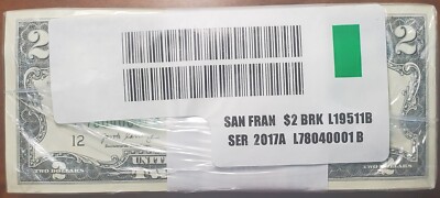 NEW GEM/UNC sealed BRICK of (1000) 2017 A $2 Notes from San Francisco District