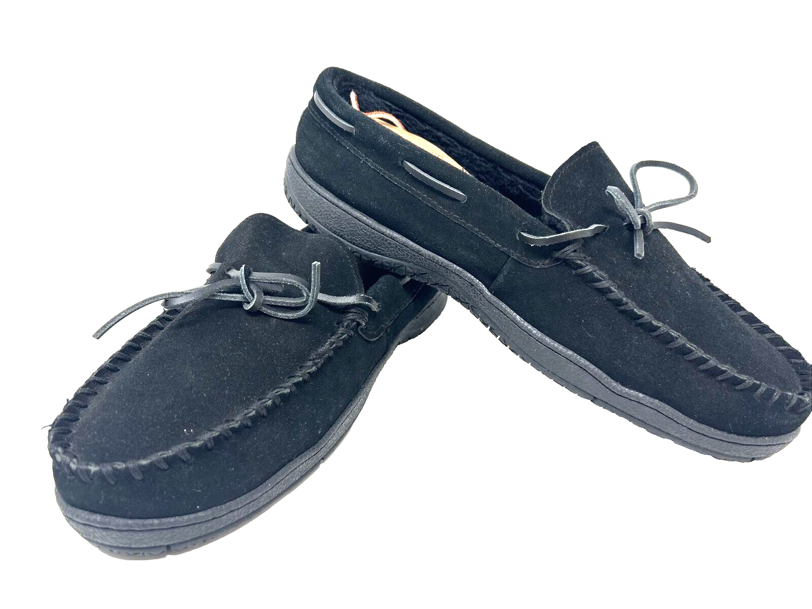 Clarks Mens Black Suede Moccasin Slippers Size 11 M Faux Fur Lined