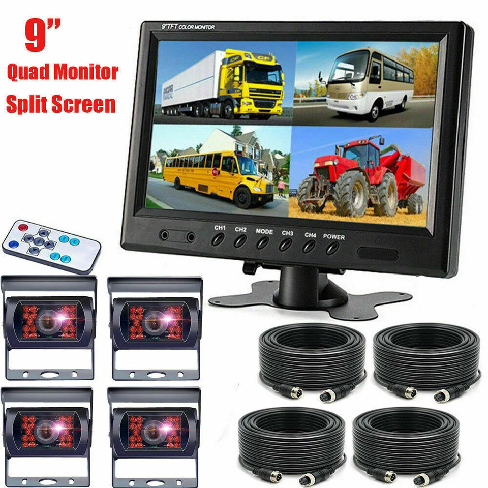 9" Quad Split Monitor Rear View Backup Camera Parking 20m 4Pin For Rv Truck Bus - Image 2 of 4