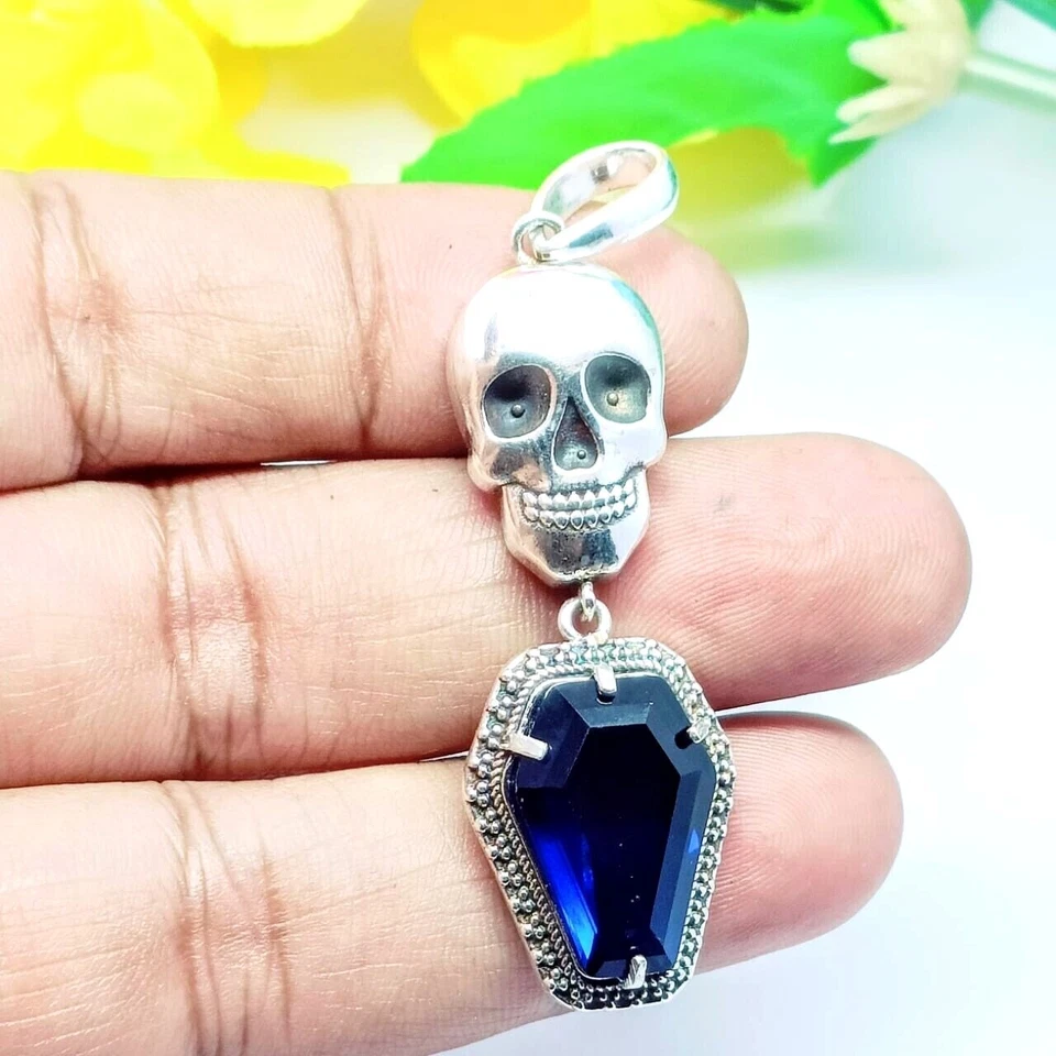 Colgante de piedras preciosas creadas en laboratorio de zafiro azul, colgante de zafiro de plata de ley 925 Foto 3 de 3