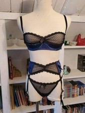Oh La La Cheri Lingerie 3 Piece Set Blue and Black Size Medium Bra Garter Belt